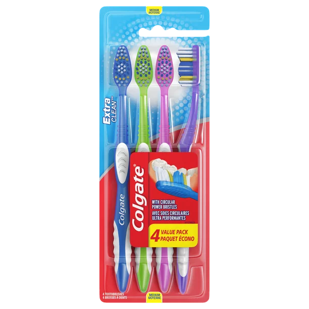 Colgate Extra Clean Flexible Grip Toothbrush, Medium, 4 Ct